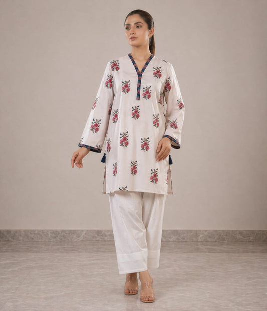 Soft Floral Printed Kurta with White Farshi Shalwar