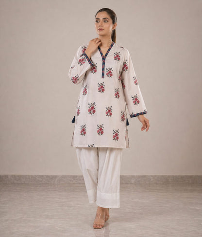 Soft Floral Printed Kurta with White Farshi Shalwar