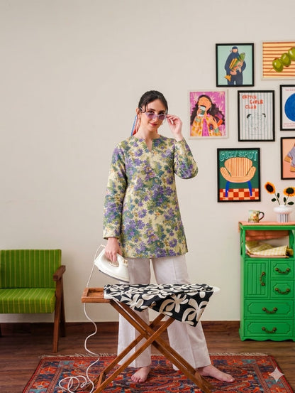 Floral Printed Kurta with White Farshi Shalwar
