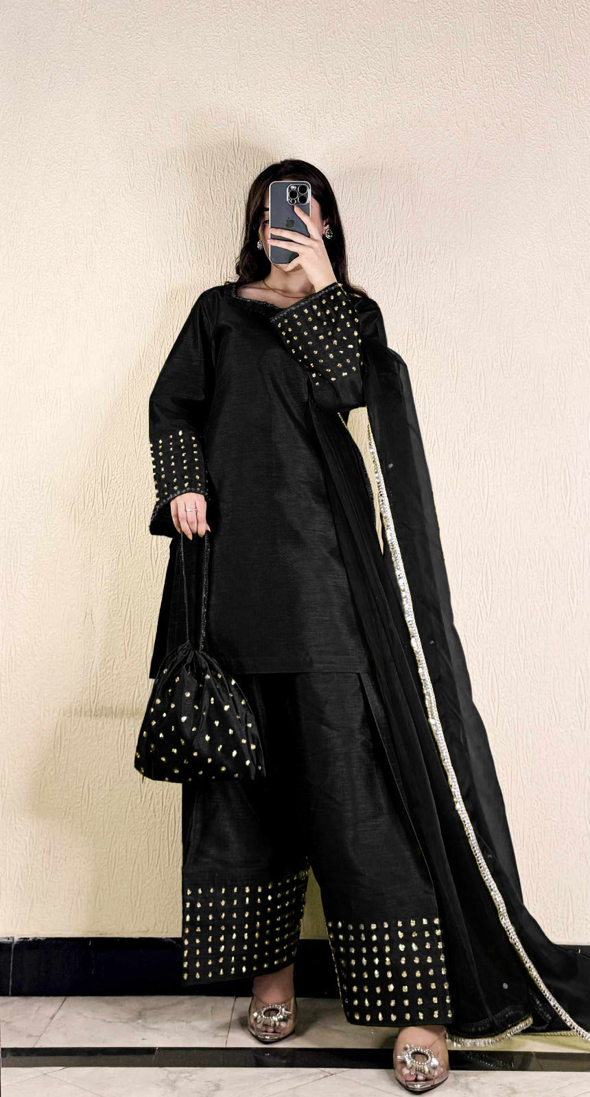 Zari-Embellished Raw Silk 3-Piece Kurta Set with Dupatta & Potli Bag