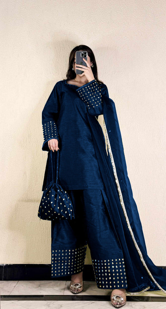 Zari-Embellished Raw Silk 3-Piece Kurta Set with Dupatta & Potli Bag