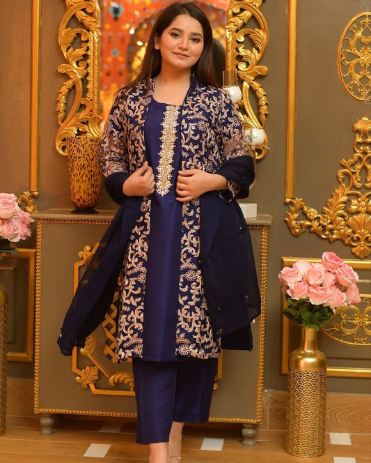 4 Pcs, Front Fully Embroidered Gown With Emb Inner, Plain Dupatta Trouser 4Piece