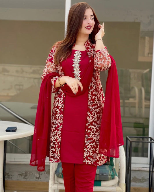 4 Pcs, Front Fully Embroidered Gown With Emb Inner, Plain Dupatta Trouser 4Piece