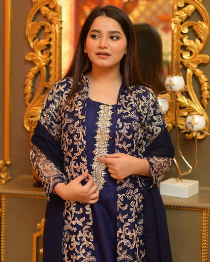 4 Pcs, Front Fully Embroidered Gown With Emb Inner, Plain Dupatta Trouser 4Piece