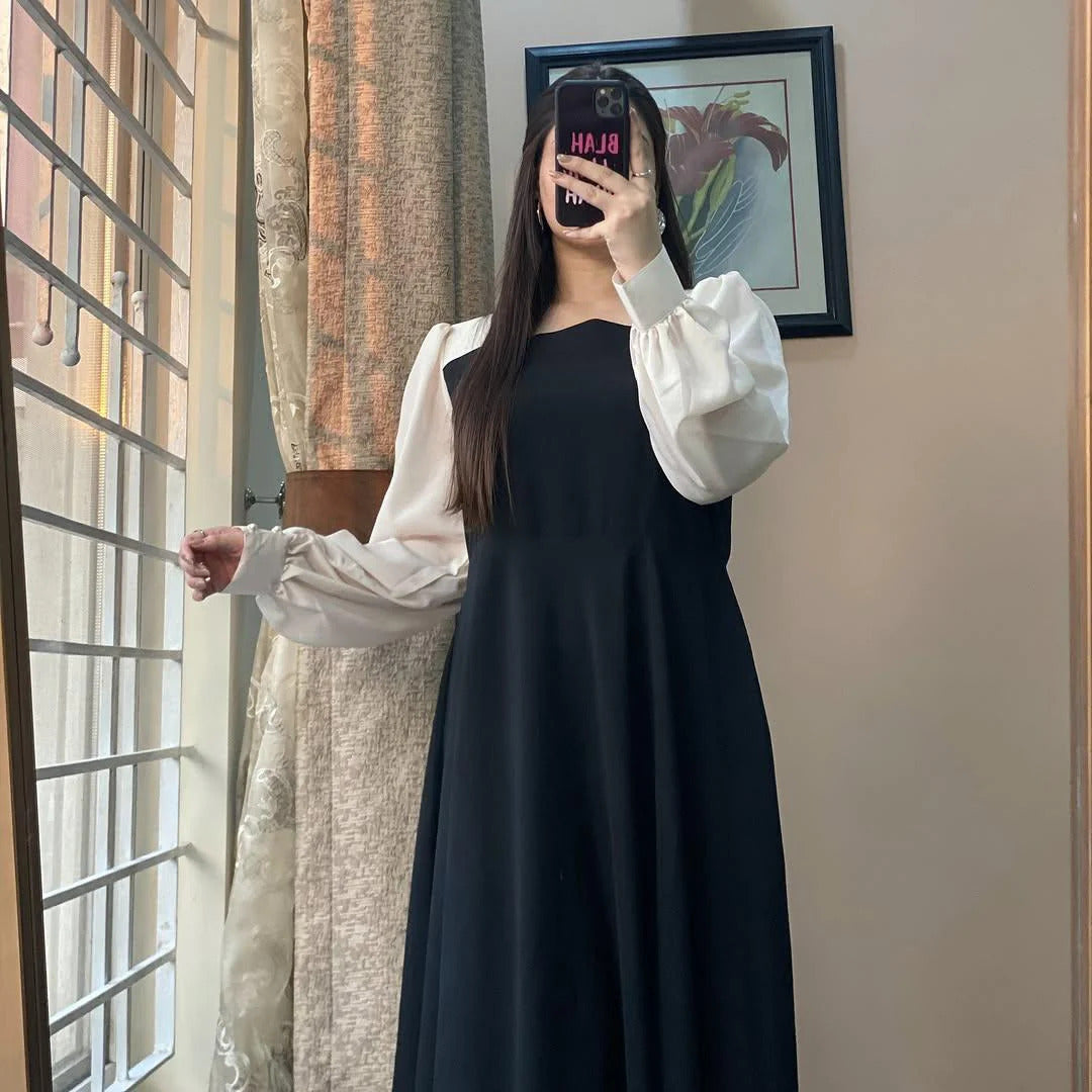 Elegant Two-Tone Puff Sleeve Maxi Dress - Modest High-Waist A-Line Gown