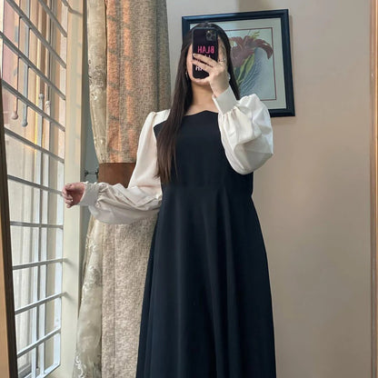 Elegant Two-Tone Puff Sleeve Maxi Dress - Modest High-Waist A-Line Gown
