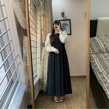 Elegant Two-Tone Puff Sleeve Maxi Dress - Modest High-Waist A-Line Gown