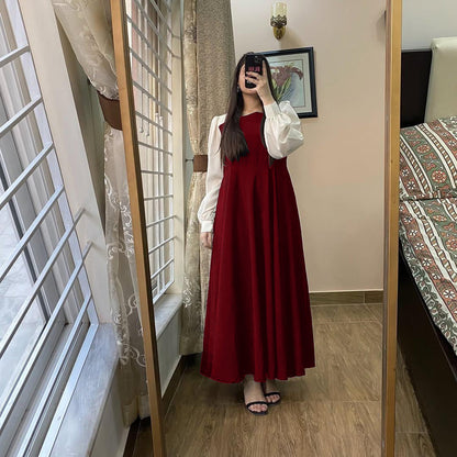 Elegant Two-Tone Puff Sleeve Maxi Dress - Modest High-Waist A-Line Gown