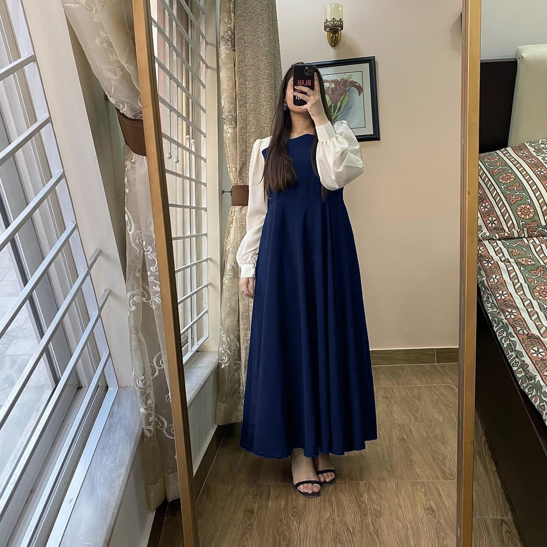 Elegant Two-Tone Puff Sleeve Maxi Dress - Modest High-Waist A-Line Gown