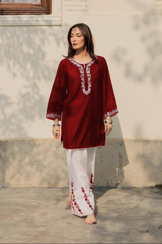 2-Piece Embroidered Cotton Shirt and Flapper Set - Dori Piping Work