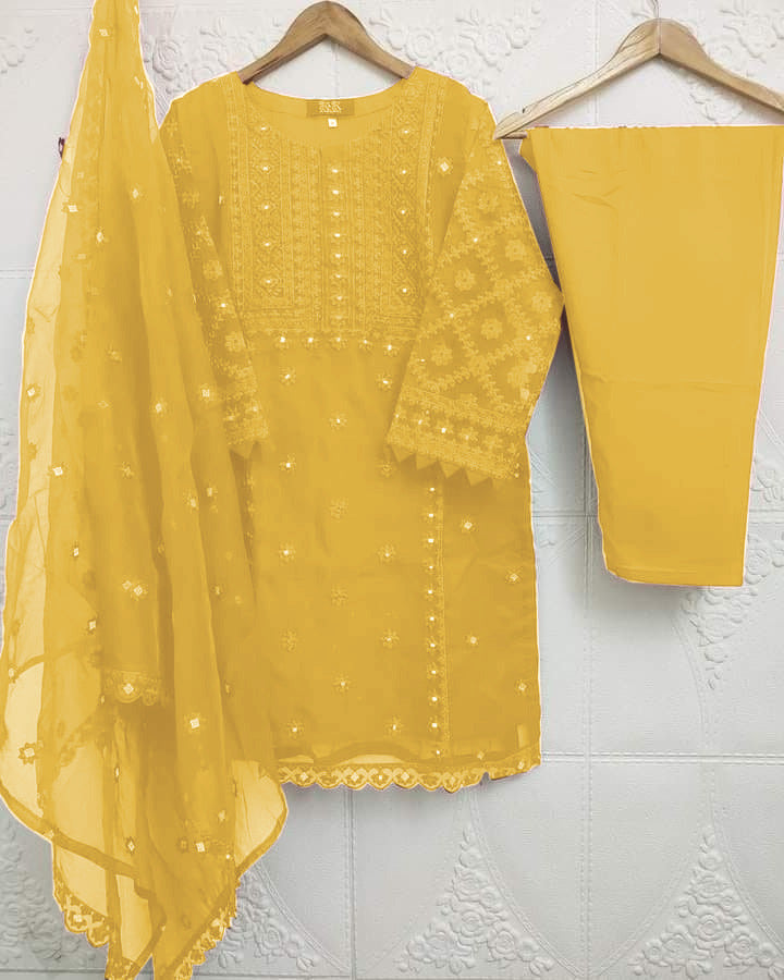 3-Piece Heavy Embroidered Organza Dress with Pearls