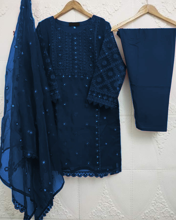 3-Piece Heavy Embroidered Organza Dress with Pearls