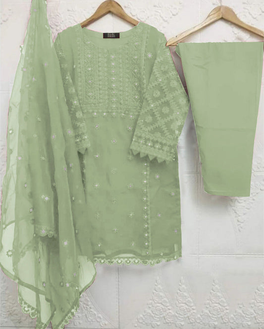 3-Piece Heavy Embroidered Organza Dress with Pearls