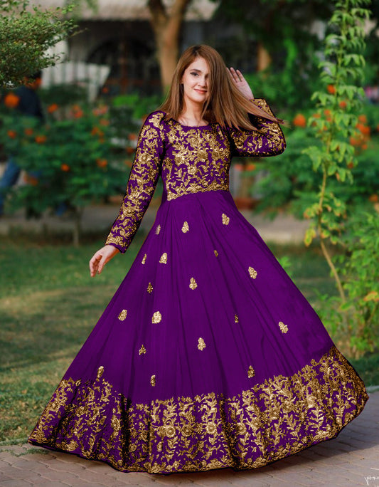 2-Piece Embroidered Silk Long Maxi & Trouser Set with Handwork