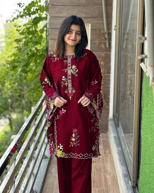 2-Piece Multi-Color Embroidered Linen Shirt & Trouser Set