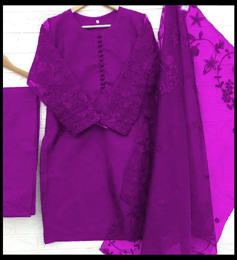 3-Piece Embroidered Organza Shirt with Embroidered Dupatta & Malai Trouser