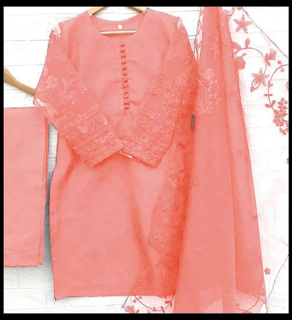 3-Piece Embroidered Organza Shirt with Embroidered Dupatta & Malai Trouser