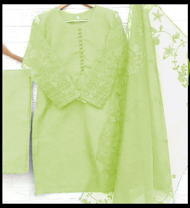 3-Piece Embroidered Organza Shirt with Embroidered Dupatta & Malai Trouser