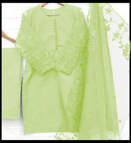 3-Piece Embroidered Organza Shirt with Embroidered Dupatta & Malai Trouser