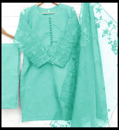 3-Piece Embroidered Organza Shirt with Embroidered Dupatta & Malai Trouser