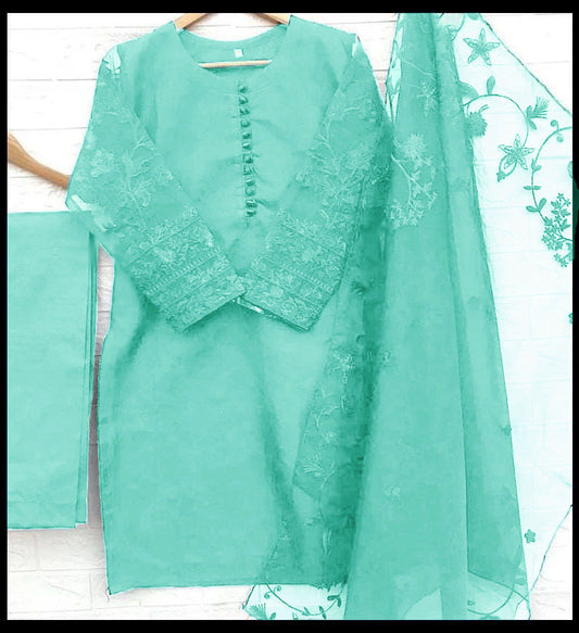 3-Piece Embroidered Organza Shirt with Embroidered Dupatta & Malai Trouser