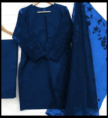 3-Piece Embroidered Organza Shirt with Embroidered Dupatta & Malai Trouser