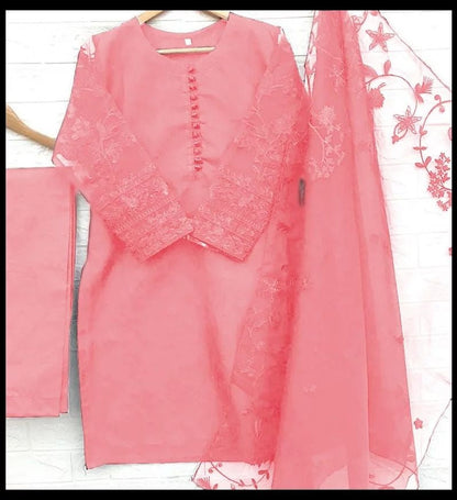 3-Piece Embroidered Organza Shirt with Embroidered Dupatta & Malai Trouser