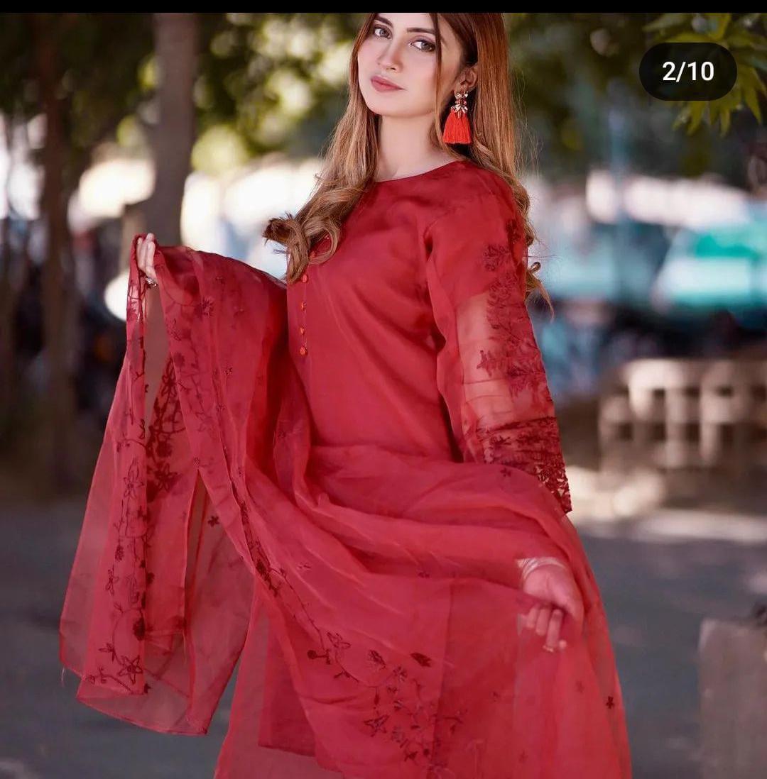 3-Piece Embroidered Organza Shirt with Embroidered Dupatta & Malai Trouser