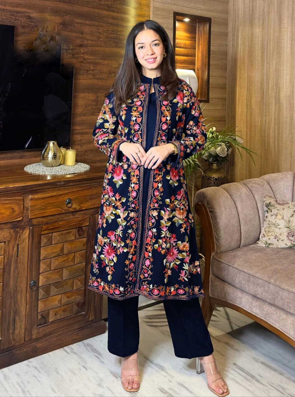 3-Piece Full Heavy Embroidered Shamose Silk Gown Set with Inner & Trouser