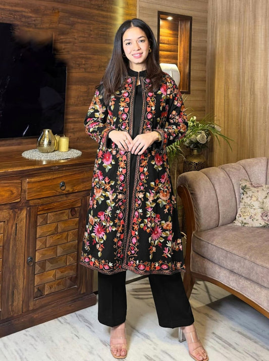3-Piece Full Heavy Embroidered Shamose Silk Gown Set with Inner & Trouser