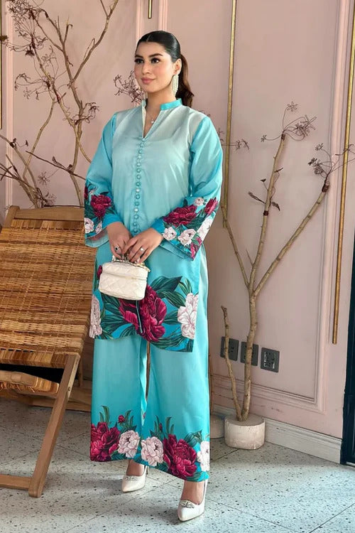 Digital Floral Printed Silk Co-Ord Set (2-Piece Shirt & Flapper)