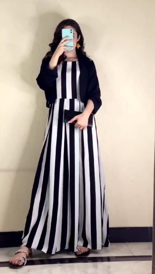 Winter Zebra Printed Silk Maxi Dress with Separate Cotton Koti - 2-Piece Set