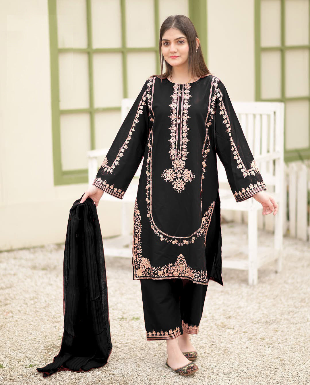 Luxury Round Sequence Embroidered Shamose Silk 3-Piece Suit