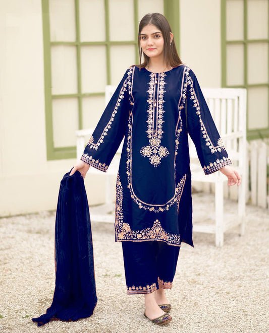 Luxury Round Sequence Embroidered Shamose Silk 3-Piece Suit