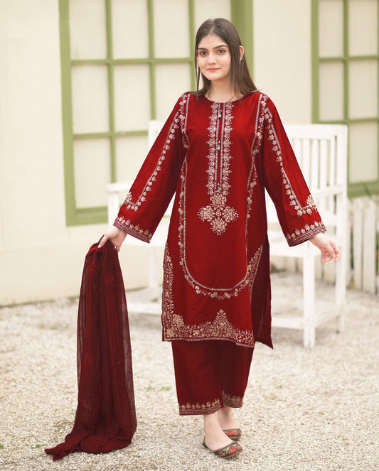 Luxury Round Sequence Embroidered Shamose Silk 3-Piece Suit