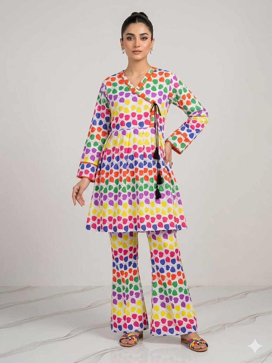 Premium Quality PC Cotton All-Over Printed Angrakha Frock & Flapper Set – 2-Piece