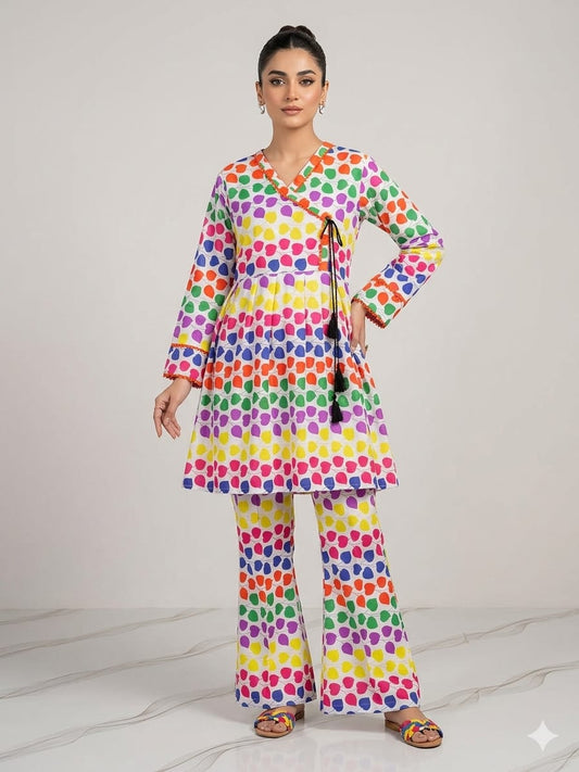 Premium Quality PC Cotton All-Over Printed Angrakha Frock & Flapper Set – 2-Piece