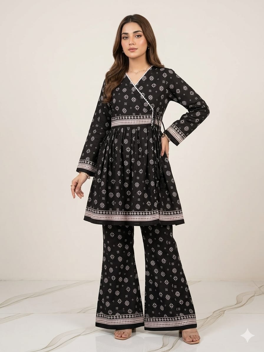 Premium Quality PC Cotton All-Over Printed Angrakha Frock & Flapper Set – 2-Piece