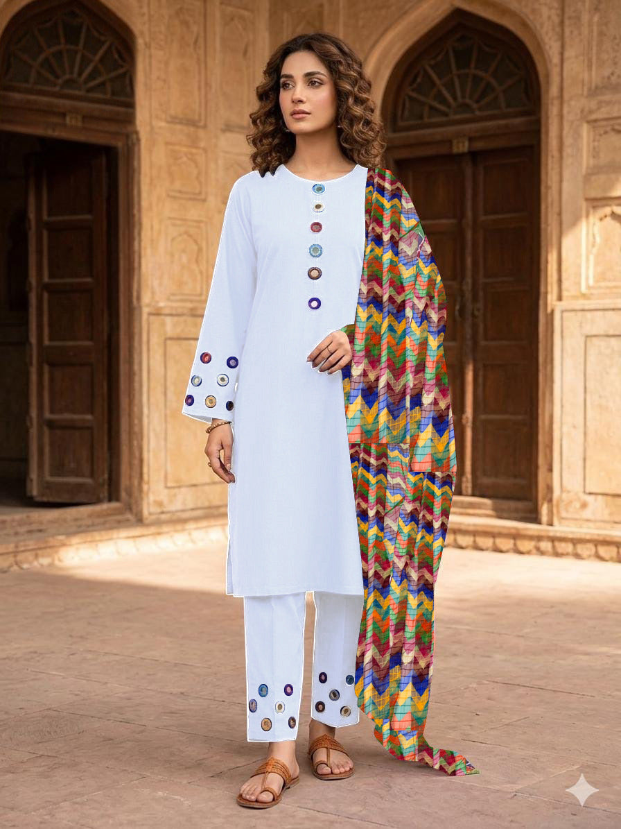 Most Trending Multi-Mirror 3-Piece Bareeza Cotton Suit with Zigzag Chiffon Dupatta