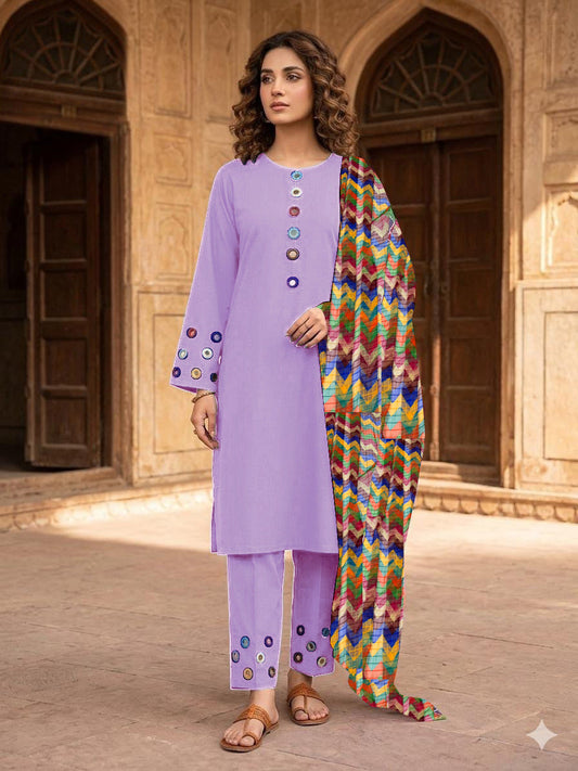 Most Trending Multi-Mirror 3-Piece Bareeza Cotton Suit with Zigzag Chiffon Dupatta