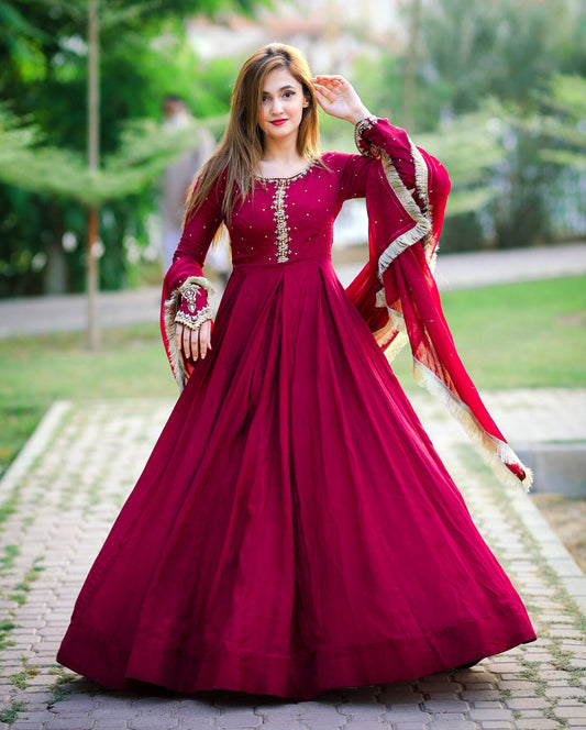 Elegant Kaya Work Embroidered Pure Chiffon Long Maxi 3-Piece Suit