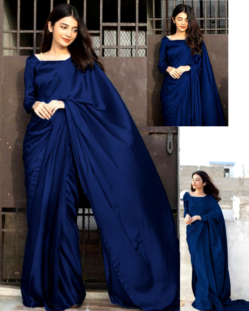 Premium Monochrome Imported Silk 7-Yard Stitched Saree Set