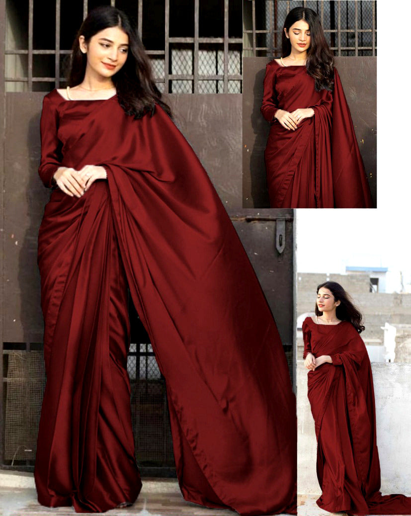 Premium Monochrome Imported Silk 7-Yard Stitched Saree Set