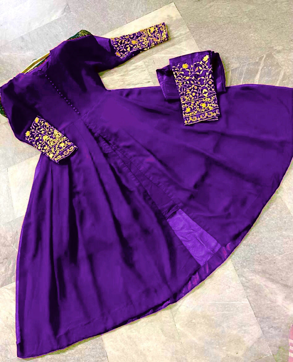 Premium Chiffon Flare Maxi with Embroidered Sleeves & Malai Crepe Trouser Set – 2-Piece