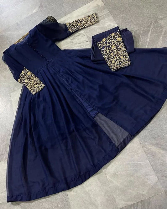 Premium Chiffon Flare Maxi with Embroidered Sleeves & Malai Crepe Trouser Set – 2-Piece