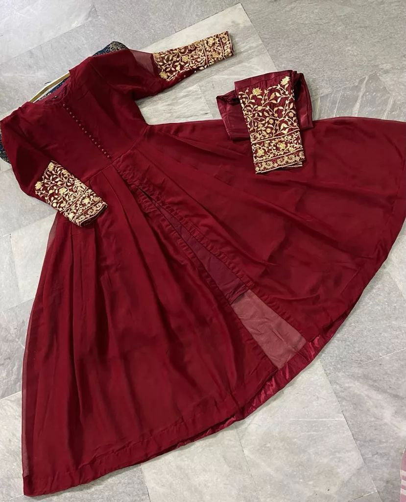 Premium Chiffon Flare Maxi with Embroidered Sleeves & Malai Crepe Trouser Set – 2-Piece