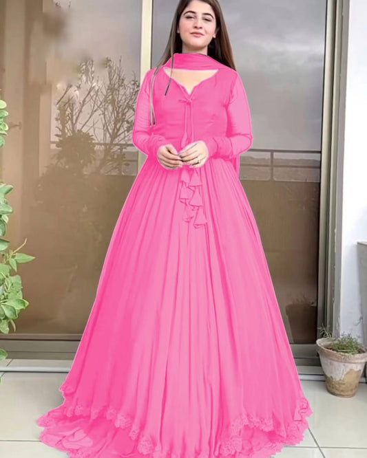 Premium Chiffon Long Flare Maxi with Two-Layer Border Lace Work & Plain Dupatta Set – 3-Piece
