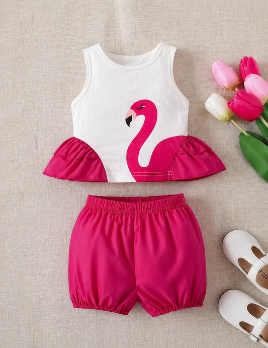 Kids Premium Soft Jersey Flamingo Ruffle Top & Shorts Summer Set – 2-Piece