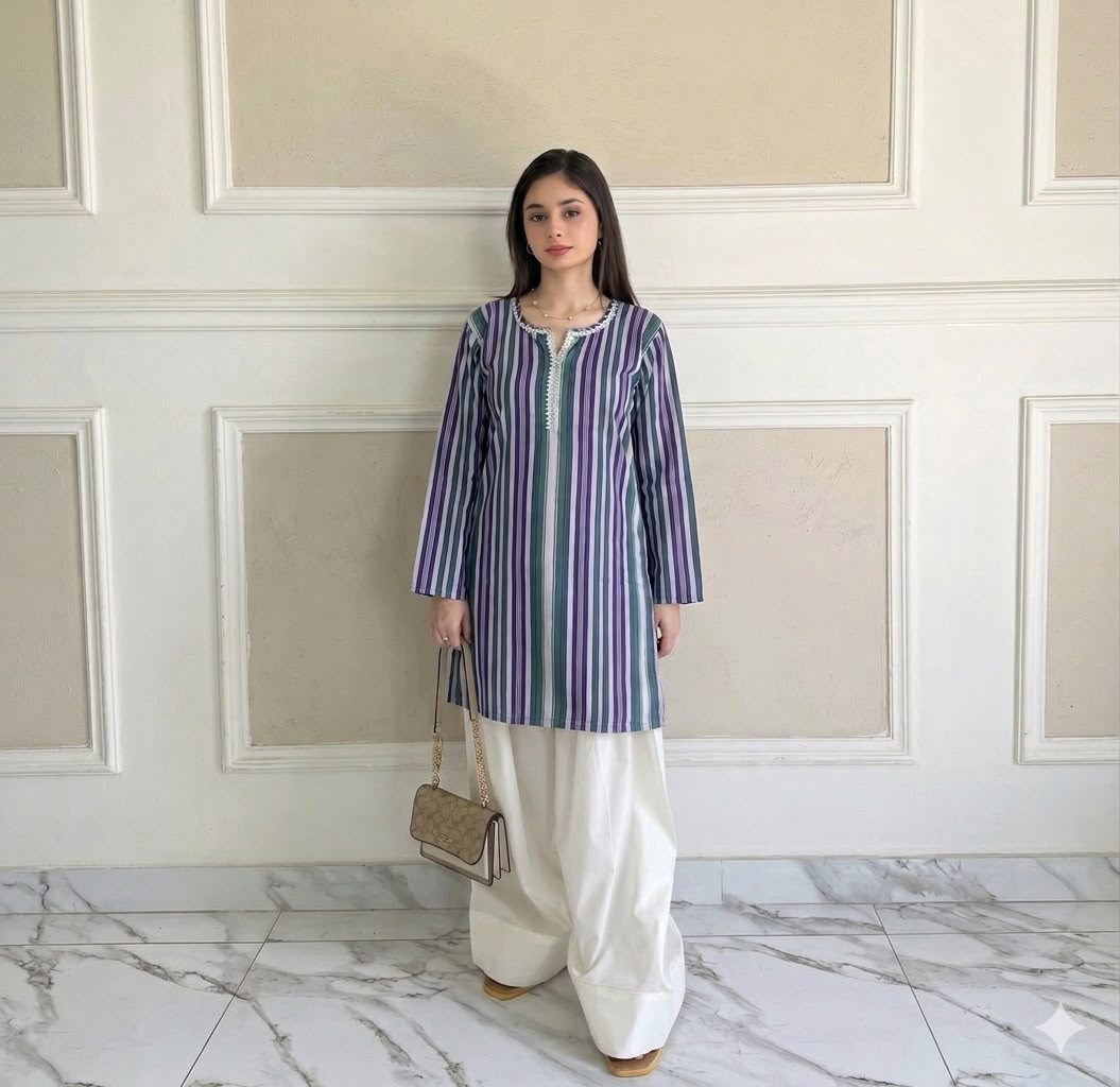Premium Swiss Lawn Digital Printed Kurti with Classic Farshi Shalwar Set – 2-Piece