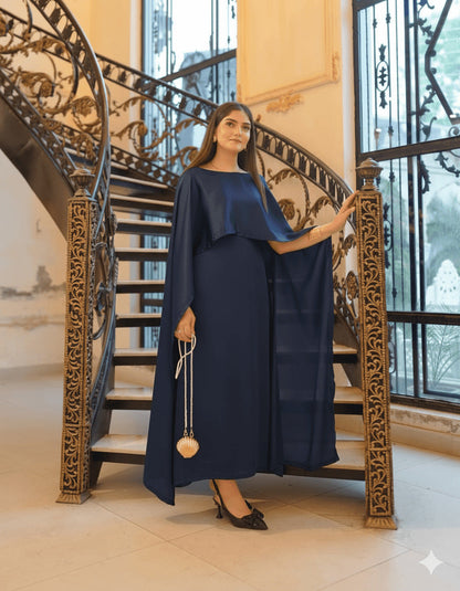 Two Tone Cape Shawl with Long Fitting Body Maxi & Dori (2-Piece Set)